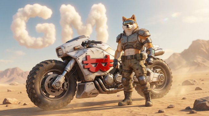 The image features a man standing next to a motorcycle with a large "G" on its side. The man appears to be dressed in military gear, possibly as a tank driver or a soldier. The background of the image shows mountains under a blue sky, creating an interesting contrast between the man and his surroundings. The post includes text that reads: "GM Earners! Daily missions, daily income." This could be a promotional statement for GM's earning potential in the context of the man's military role or a reference to the company's financial performance.