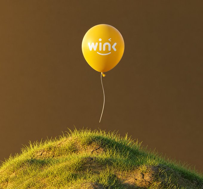 A yellow balloon bearing the word 'wink' floats above a grassy hill against a warm brown gradient background.