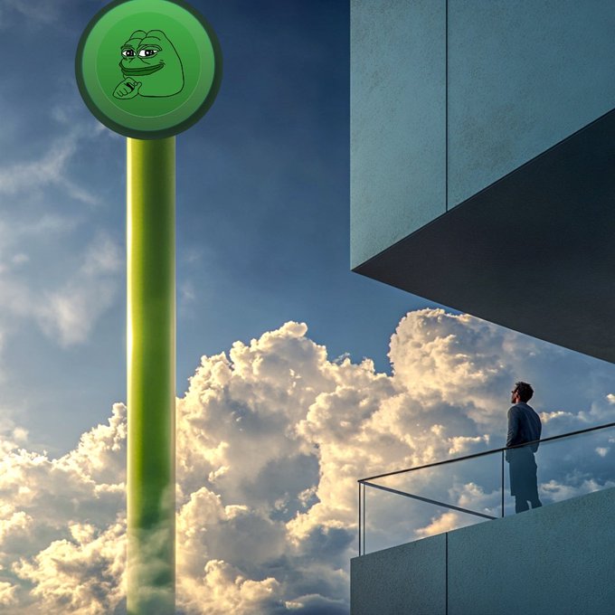 The image features a man standing on a balcony, looking out at the sky with clouds. There are two green circles in the background of the photo - one is a pole that extends into the distance, while the other is a green circle with a cartoon frog inside. The caption for this image reads "$PEPE is pumping".