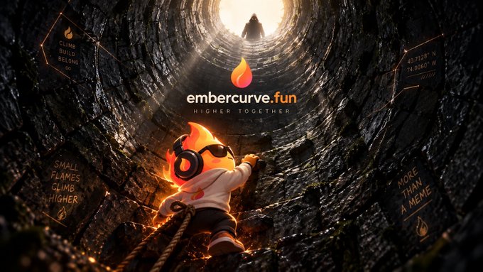 Promotional image for embercurve.fun featuring a flame character wearing headphones and climbing a rope out of a dark well toward light, with the tagline 'HIGHER TOGETHER' and inscriptions like 'CLIMB BUILD BELONG' and 'SMALL FLAMES CLIMB HIGHER'.