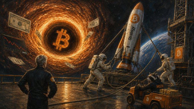 A Bitcoin-themed space scene depicts astronauts launching a "Strategy" (MSTR) rocket into a swirling orange Bitcoin blackhole, with a figure observing and stacks of MSTR boxes nearby. The image visually represents the post's theme of Strategy's (MSTR) balance sheet acting as a "blackhole" absorbing Bitcoin, tying directly into Episode 76's discussion of the Strategy/Bitcoin blackhole phenomenon.