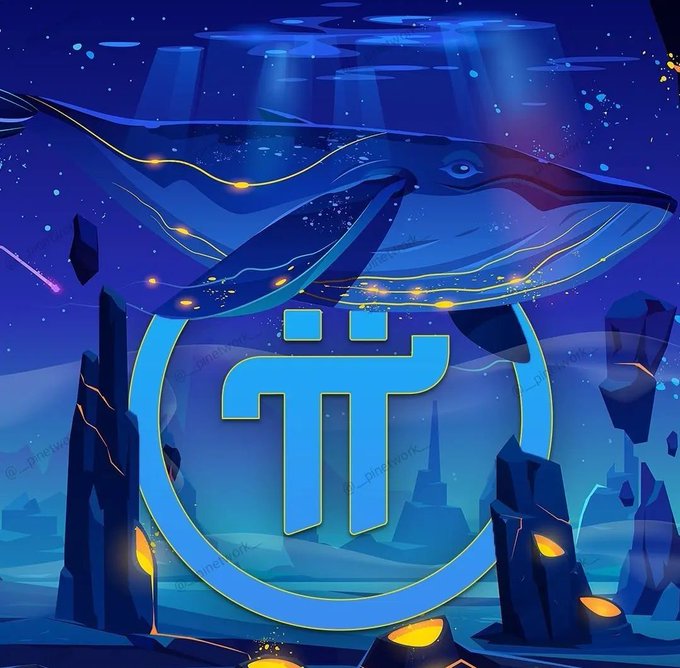 A digital illustration featuring the Pi (π) cryptocurrency logo inside a glowing blue circle, with a majestic whale swimming through a starry cosmic backdrop above dark rocky structures with glowing yellow cracks. The image ties directly to the post's question about Pi whale status, playfully merging the Pi coin symbol with the iconic "whale" imagery used to describe large crypto holders.