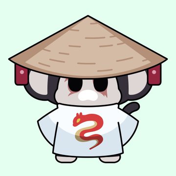 The image features a cartoon character wearing a white shirt with red and yellow designs, resembling a snake or a dragon. The character also has a brown hat that matches the color of their shirt. They are standing against a light green background, giving off an artistic vibe. The caption at the bottom of the image reads: "Just sniped my first @ChimpersHQ and officially joined the Dojo! Excited to be part of the Chimpfrens community! Looking forward to everything ahead in the Dojo Club!".