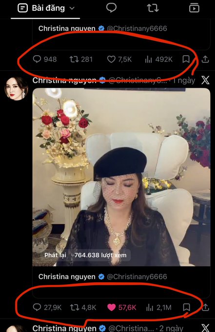 A screenshot of Christina Nguyen’s Threads posts shows one at 948 replies, 281 reposts, 7.5K likes, and 492K views, while another receives 27.9K replies, 4.8K reposts, 57.6K likes, and 2.1M views. The circled engagement metrics illustrate how the account described in the post gains massive visibility when people follow links from livestreams.