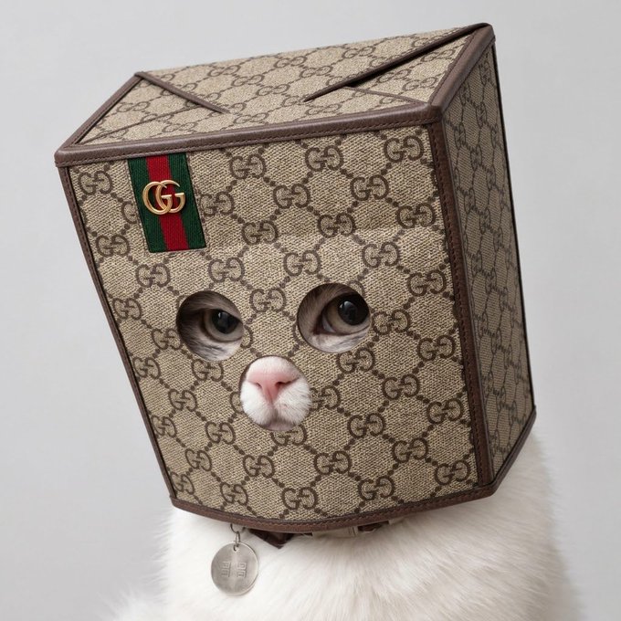 A white cat with its head poking through a Gucci-patterned paper bag, revealing only its eyes, nose, and a collar tag.