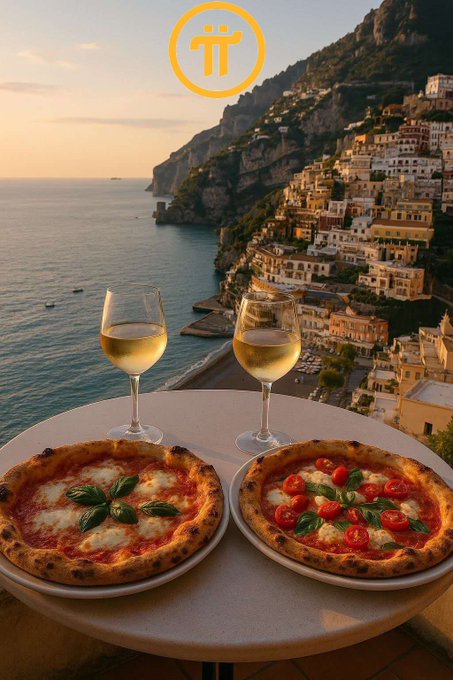Two pizzas and glasses of white wine on a table overlooking a coastal town at sunset, with a Pi Network (π) logo at the top.