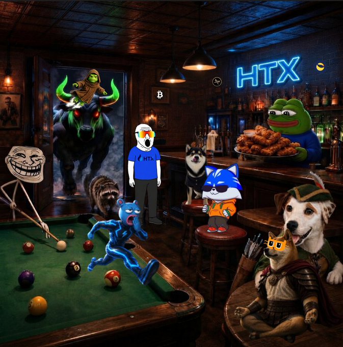 A chaotic, surreal digital collage in a bar setting featuring various internet memes and characters, including Pepe holding fried chicken, a Trollface, a Husky as Robin Hood, and an 'HTX' neon sign.