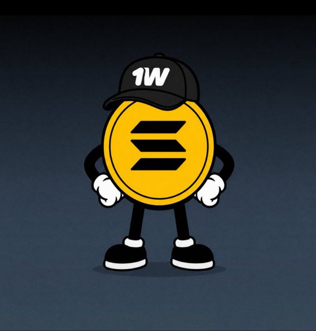A cartoon mascot of a yellow Solana cryptocurrency coin wearing a black cap with '1W' on it, standing with hands on its hips.