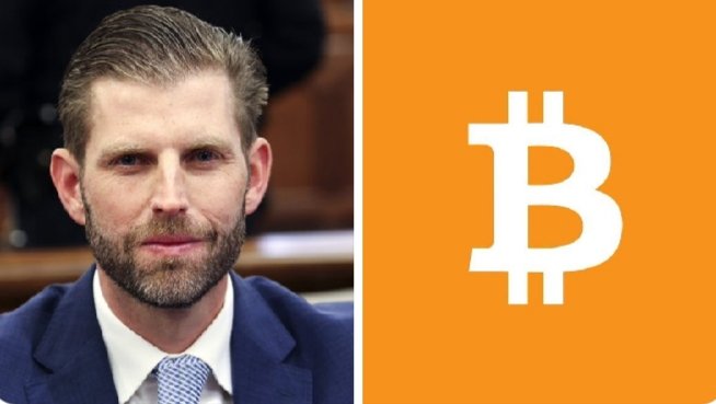 A photo of Eric Trump in a navy suit and tie appears alongside an orange background featuring the white Bitcoin logo. The image relates to the post discussing Eric Trump's comments on American Bitcoin's mining cost efficiency compared to BTC's market value.