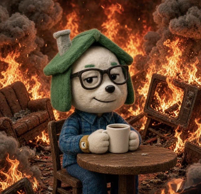 A cute plush character wearing glasses and a green ushanka hat sits calmly at a small table holding a mug, surrounded by flames and smoke.