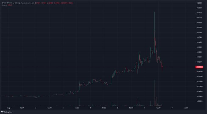 A TradingView candlestick chart for $CAP/CAT (Metaverse Cat) shows a sharp spike to approximately 0.21 followed by a steep decline to around 0.098, with the post suggesting the meme coin will drop further from its 100M market cap down to 80M.