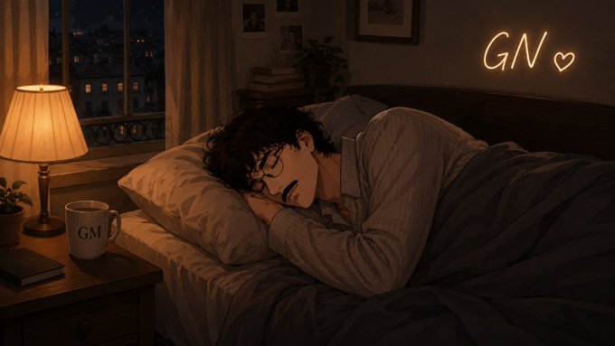 A cozy illustration shows a person with curly hair and glasses sleeping peacefully in bed, lit by a warm bedside lamp, with a mug labeled "GM" on the nightstand and a glowing "GN ♡" neon sign on the wall—playfully swapping the common "GM" (good morning) for "GN" (good night) as referenced in the "GN CT" caption.