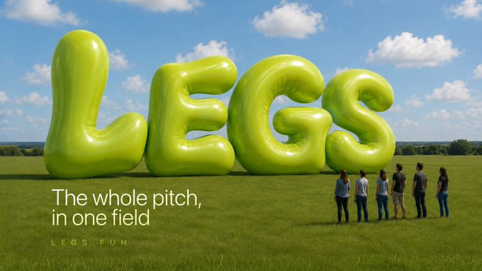 An advertisement showing large inflatable green letters spelling 'LEGS' in a field, with the tagline 'The whole pitch, in one field' and 'LEGS FUN' branding, with five people standing looking up at it.