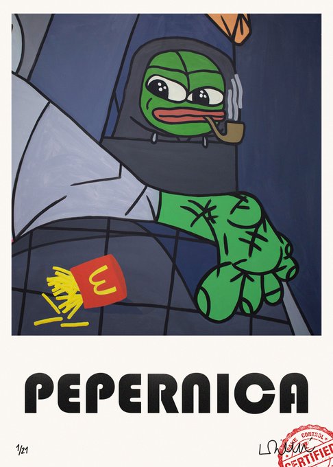 A stylized illustration of a hooded Pepe the Frog holding a pipe and reaching out with a large green hand toward McDonald's french fries, labeled 'PEPERNICA' with a '1/21' numbering and an 'LNCJR CERTIFIED' stamp.