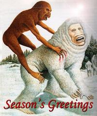 This image depicts a primate-like creature riding a snowman with the text "Season's Greetings." It's likely used satirically to represent the "pumping" of the HEX and PULSECHAIN blockchains, a crypto term for rapid price increases.