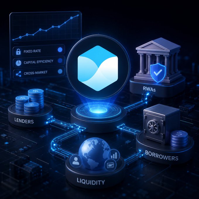 A 3D digital illustration showing a fintech platform connecting lenders, borrowers, and liquidity, featuring a central logo, RWA (Real World Assets) representation, and features like 'Fixed Rate', 'Capital Efficiency', and 'Cross-Market'.
