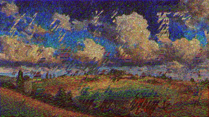 A heavily glitched image with colorful digital noise and horizontal distortion bands overlaid on what appears to be a landscape painting.