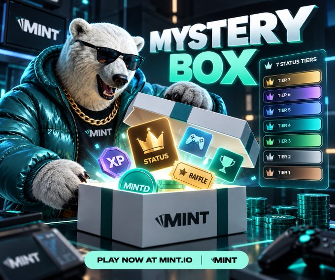 A promotional graphic for 'Mystery Box' featuring a bear character wearing sunglasses and gold chains, advertising 7 status tiers (Tier 1 through Tier 7) with items like XP, Status, Raffle, and 'PLAY NOW AT MINT.IO'.