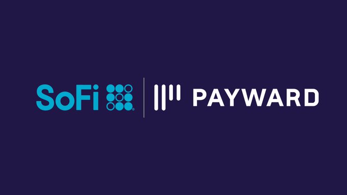 The image features the SoFi logo (with its distinctive cyan dot pattern) alongside the Payward logo on a dark navy background, visually representing the partnership announced in the post. The graphic signals a collaboration between SoFi and Payward to provide 24/7 banking infrastructure for crypto markets.
