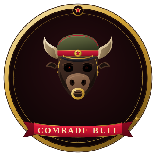 Logo for 'Comrade Bull' featuring a stylized bull wearing a green and red military cap with a star and gold nose ring, set against a black background with a gold border.