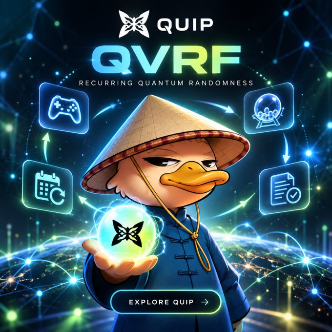 A Quip cryptocurrency promotional graphic featuring a cartoon duck in a Vietnamese conical hat and blue traditional clothing holding a glowing QVRF orb, with icons for gaming, rewards, calendar, and documents, and an 'EXPLORE QUIP' button.