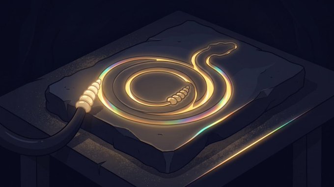 A glowing, iridescent neon cable arranged in a snake-like spiral pattern resting on a dark stone slab.