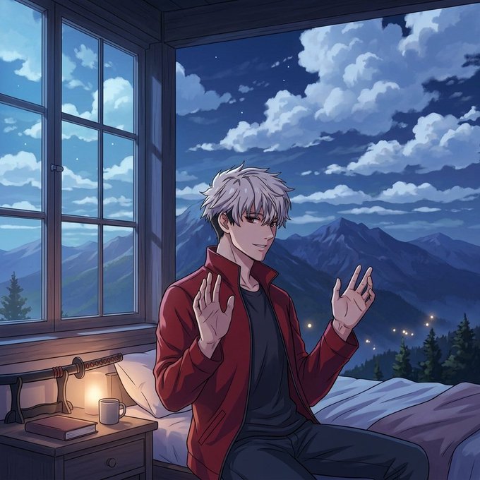 An anime-style illustration of a white-haired young man in a red jacket sitting on a bed, gesturing with both hands, with a large window behind him revealing a starry night sky and mountain landscape.
