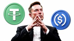 The image shows Elon Musk in a thoughtful pose with his hands steepled, flanked by the Tether (USDT) logo on the left and the USDC logo on the right. This visually represents speculation around CAW's connection to major stablecoins, hinting that its "cover" reveal may expose ties to USDT, USDC, or Elon Musk himself.