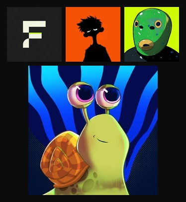 A collage featuring four stylized character portraits: a minimalist white 'F' on black, a dark-haired figure with glowing eyes on orange, a green humanoid head on yellow, and a large colorful snail-like creature with big eyes in the lower section.