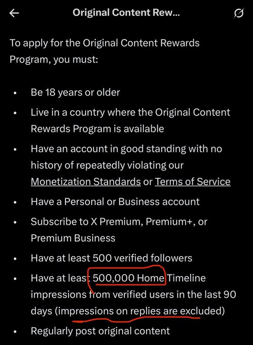 A screenshot of eligibility requirements for an 'Original Content Rewards Program,' with the phrase '500,000 Home Timeline' highlighted by hand-drawn red circles and underlines.