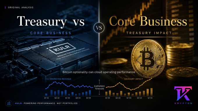 A split-screen graphic contrasts "Treasury vs Core Business," featuring a KULR processor chip on the left ("Operating Revenue") and Bitcoin coins on the right ("Treasury Impact"), with both sides displaying declining performance charts and a shared "Earnings Tension" label. The image visually reinforces the accompanying post's message that KULR's Bitcoin treasury strategy obscures the interpretation of its underlying operating results, which showed Q2 revenue of ~$2.08M (down 43% YoY) and a net loss of ~$21.97M partly driven by ~$10.59M in non-cash bitcoin-related charges.
