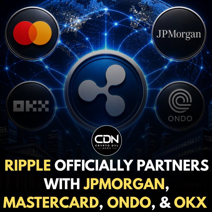 The image shows a promotional graphic featuring the Ripple (XRP) logo in the center, surrounded by the logos of partner companies including Mastercard, JPMorgan, OKX, and Ondo, set against a globe backdrop. The headline reads "RIPPLE OFFICIALLY PARTNERS WITH JPMORGAN, MASTERCARD, ONDO, & OKX," with a CDN Crypto DVL News watermark, illustrating the announced partnerships mentioned in the post.