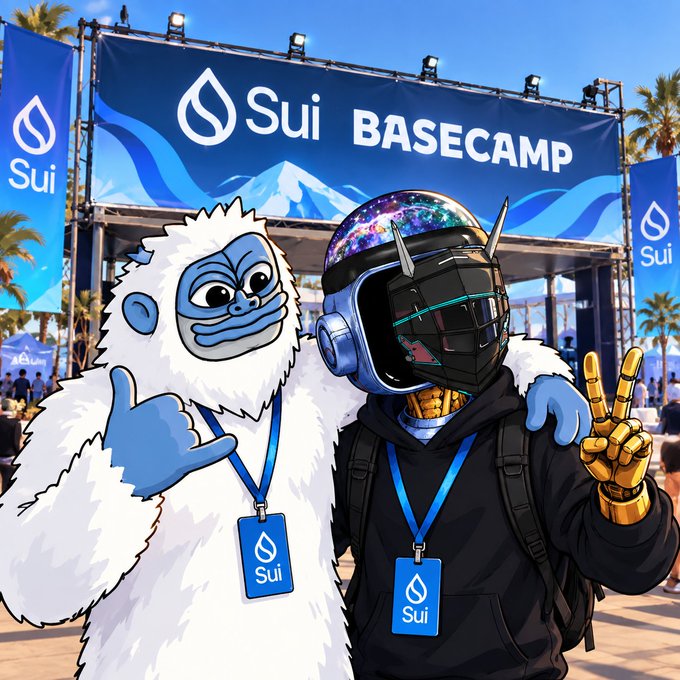 Two cartoonish characters—a white yeti and a person wearing a futuristic helmet—pose in front of a 'Sui BASECAMP' banner at an outdoor event.