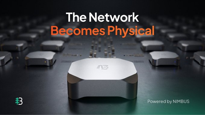 A promotional graphic for NIMBUS featuring the text 'The Network Becomes Physical' alongside an array of silver, hexagon-shaped devices.