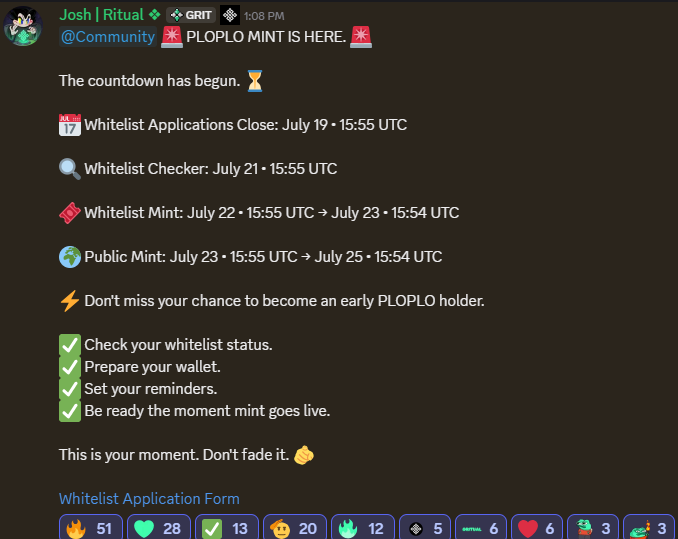 A Discord announcement from Josh (@Community) in the Ritual channel announces that "PLOPLO MINT IS HERE," listing key dates including whitelist applications closing on July 19, whitelist results on July 21, whitelist mint on July 22-23, and public mint on July 23-25, all at 15:55 UTC. The post aligns with the message by urging users to apply for the whitelist, prepare their wallets, and set reminders before the mint window opens.