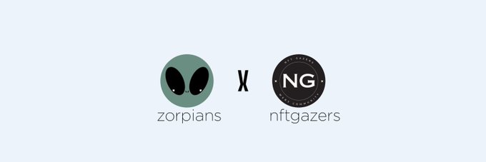 Logo collaboration announcement between 'zorpian' (green alien head) and 'NFT GAZERS' (circular black badge) on a light blue background.