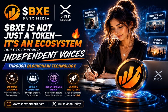 The image is a promotional banner for $BXE (Bank Media) on the XRP Ledger, featuring a woman writing in a notebook alongside a glowing gold $BXE coin, with text declaring "BXE is not just a token—it's an ecosystem built to empower independent voices through blockchain technology." It highlights four pillars—empowering creators, building community, decentralized media, and shaping the future—while displaying the website www.banxnetwork.com and social handle @TheMoonHailey. The visual reinforces the post's message of $BXE as a community-driven blockchain ecosystem for independent journalism and media.