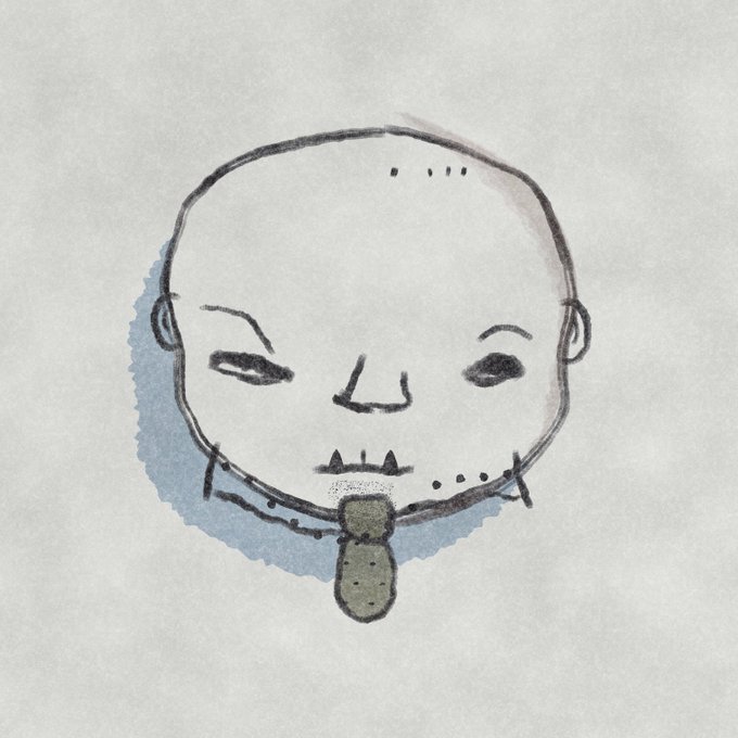 A simple ink and watercolor sketch on textured paper depicts a round character face with closed eyes, small fangs, and a tongue sticking out.