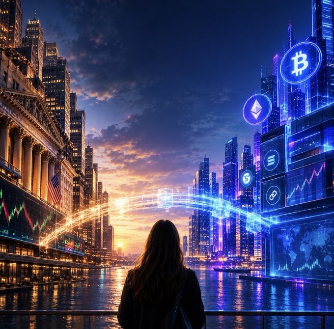 A woman with long hair viewed from behind looks out over a futuristic city skyline at sunset, with glowing blue holographic cryptocurrency symbols including Bitcoin (B), Ethereum, and others floating above skyscrapers displaying stock charts.