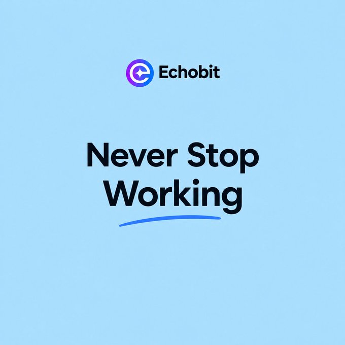 A simple light blue graphic displaying the 'Echobit' logo above the bold black text 'Never Stop Working,' underlined with a blue squiggle.