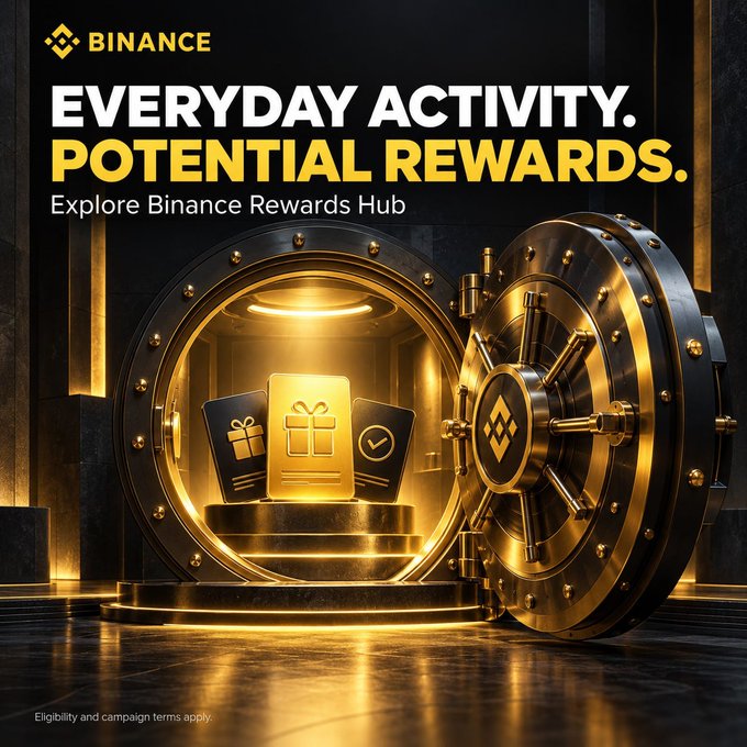 A Binance promotional advertisement featuring the text 'EVERYDAY ACTIVITY. POTENTIAL REWARDS.' and 'Explore Binance Rewards Hub', depicting a large open golden vault containing gold gift cards and reward tokens.