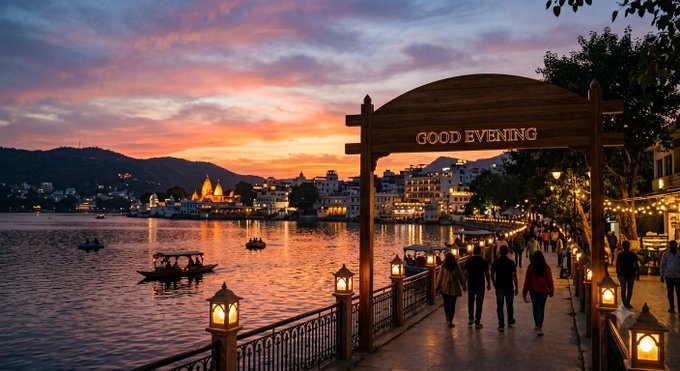 A scenic sunset view of a lake with a wooden archway sign reading "GOOD EVENING", featuring boats on the water and people walking along a lit promenade.