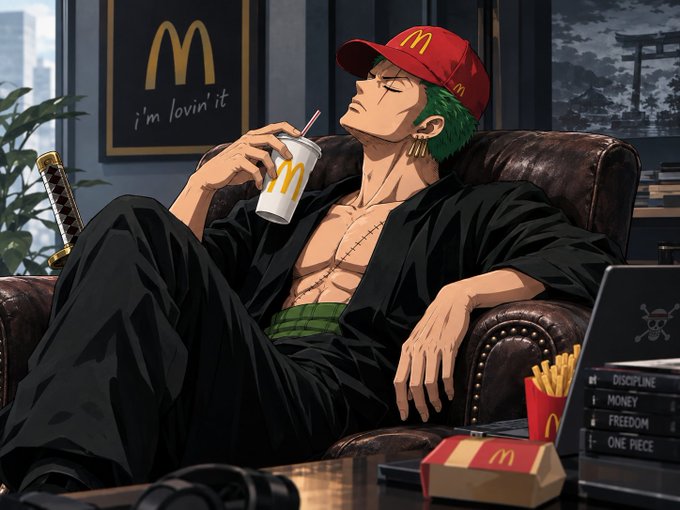Anime-style illustration of a green-haired character wearing a red McDonald's cap, drinking from a McDonald's cup in a leather chair, with 'I'm lovin' it' text on the wall, a sword nearby, and books titled 'DISCIPLINE', 'MONEY', 'FREEDOM', and 'ONE PIECE' visible.