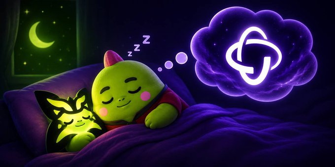 The image features a cartoon green monster sleeping peacefully on a bed, with a thought bubble above them containing a symbol that looks like a crescent moon. The caption below the image reads "No empty hype - here's what’s actually happening right now: 1. @quipnetwork Quantum Echoes NFT collection is officially launching! The first NFT drop powered by true quantum randomness from real quantum hardware (not pseudo-random). Every piece is fully unique and".