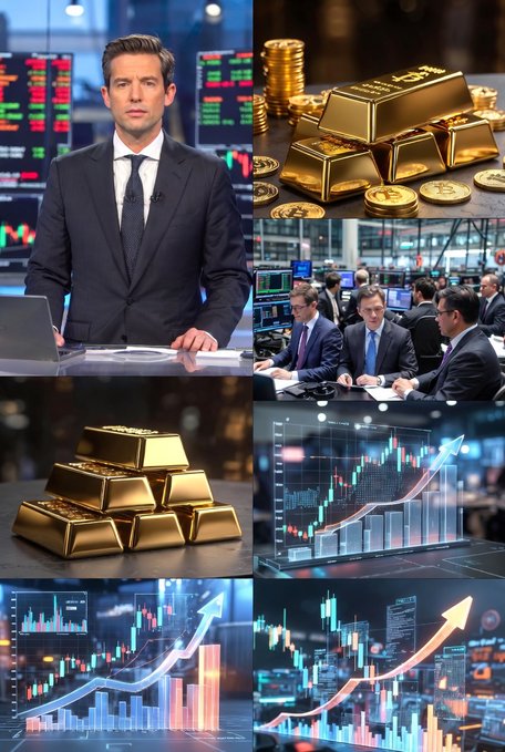 A collage featuring a male news anchor in a suit, stacks of gold bars, traders working at screens, and rising market charts with arrows pointing upward.