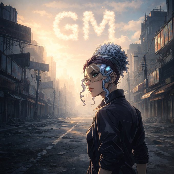 A digital illustration of a woman with curly blue-streaked hair and a futuristic headset in a ruined urban street, with 'GIV' written in clouds in the sky.