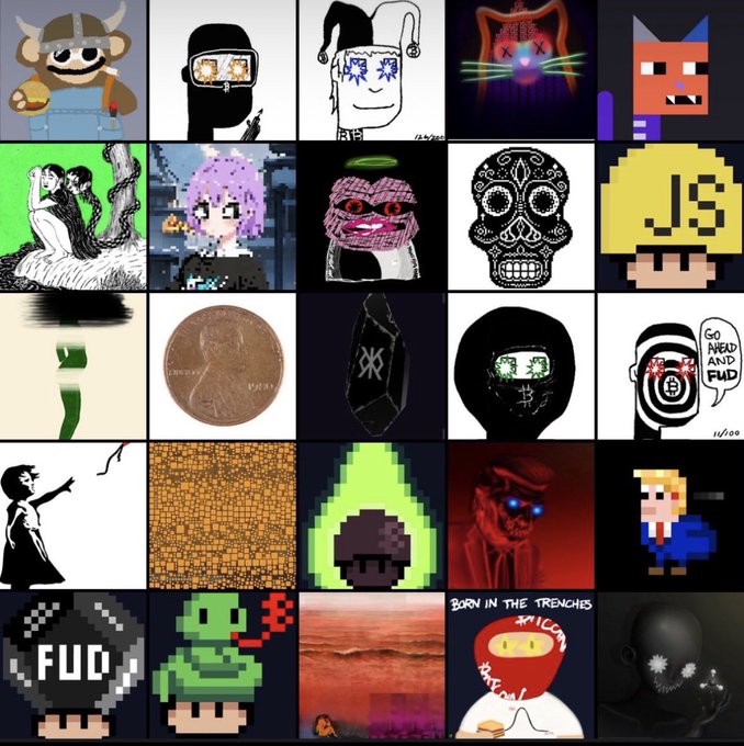 A grid collage of various digital NFT-style artworks and characters, including pixel art, skull imagery, and crypto-themed pieces like 'FUD' and 'GO MEAD AND FUD'.