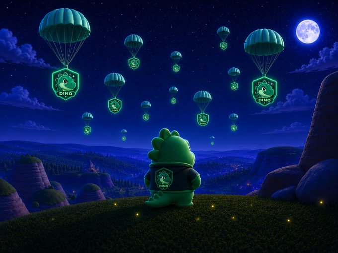 A 3D-rendered green dinosaur wearing a hoodie with the 'DINO' shield logo stands on a grassy hill at night, watching parachutes descend from the starry sky, each carrying a matching DINO token shield beneath a full moon.