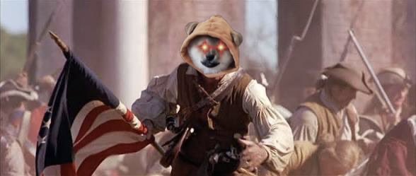 The image features a cartoon depiction of a dog wearing a hat, holding a flag with an American flag design, and surrounded by people dressed in period clothing. The caption reads "It is an honor fighting in the free and fair movement everyday. Pack your bags and HODL". This suggests that the image might be related to a historical event or a patriotic celebration involving the dog as part of a reenactment or a themed event.