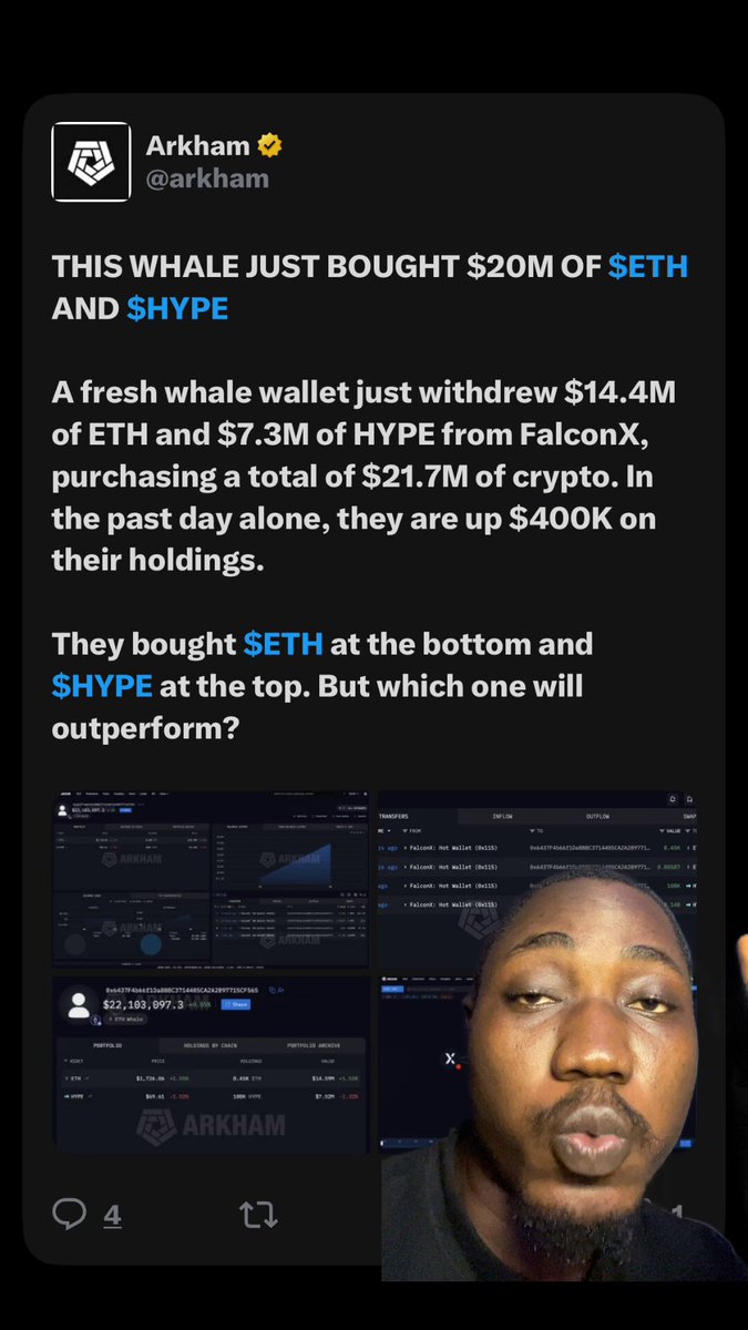 The image features an advertisement for a trading platform. It shows two people, one being a man wearing a beard who appears to be making a post about something related to cryptocurrency or online trading platforms. The text accompanying the photo indicates that the man is discussing the potential of buying Ether and Hypeth with his Twitter account. This may imply a discussion on investment opportunities in the crypto world.